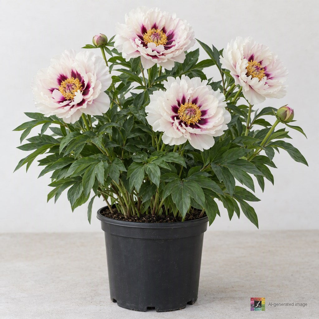 AI-generated image: Paeonia 'Cora Louise' (Itoh White/Purple Flares)