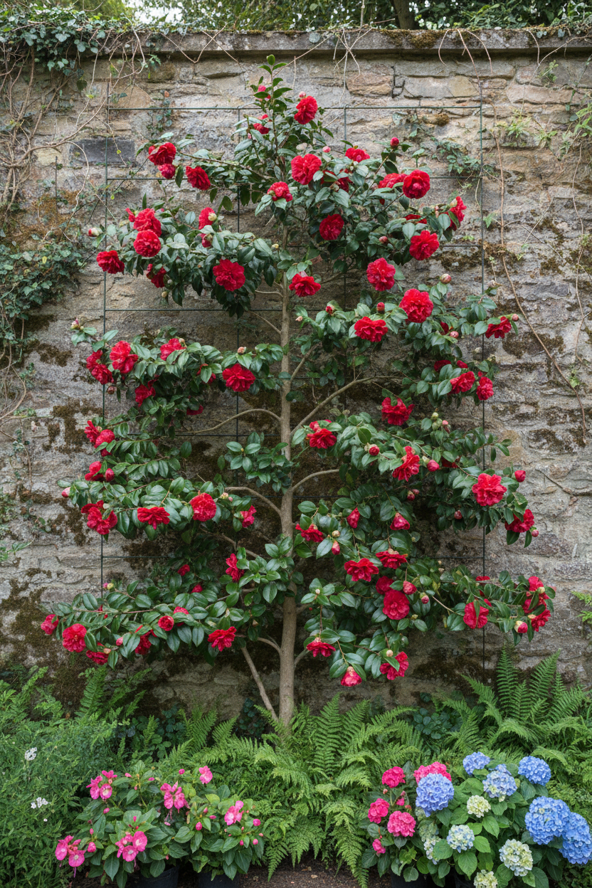 Camellia jap. 'Dr King' (red), ESPALIER